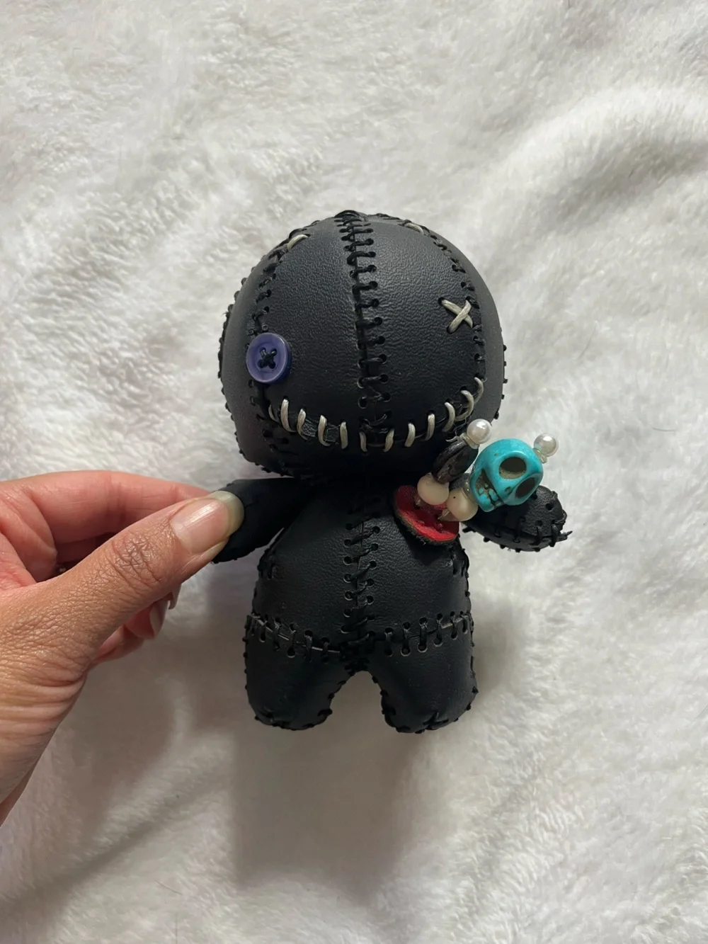 Black Stitched Voodoo Doll Keychain with Turquoise Skull Charm